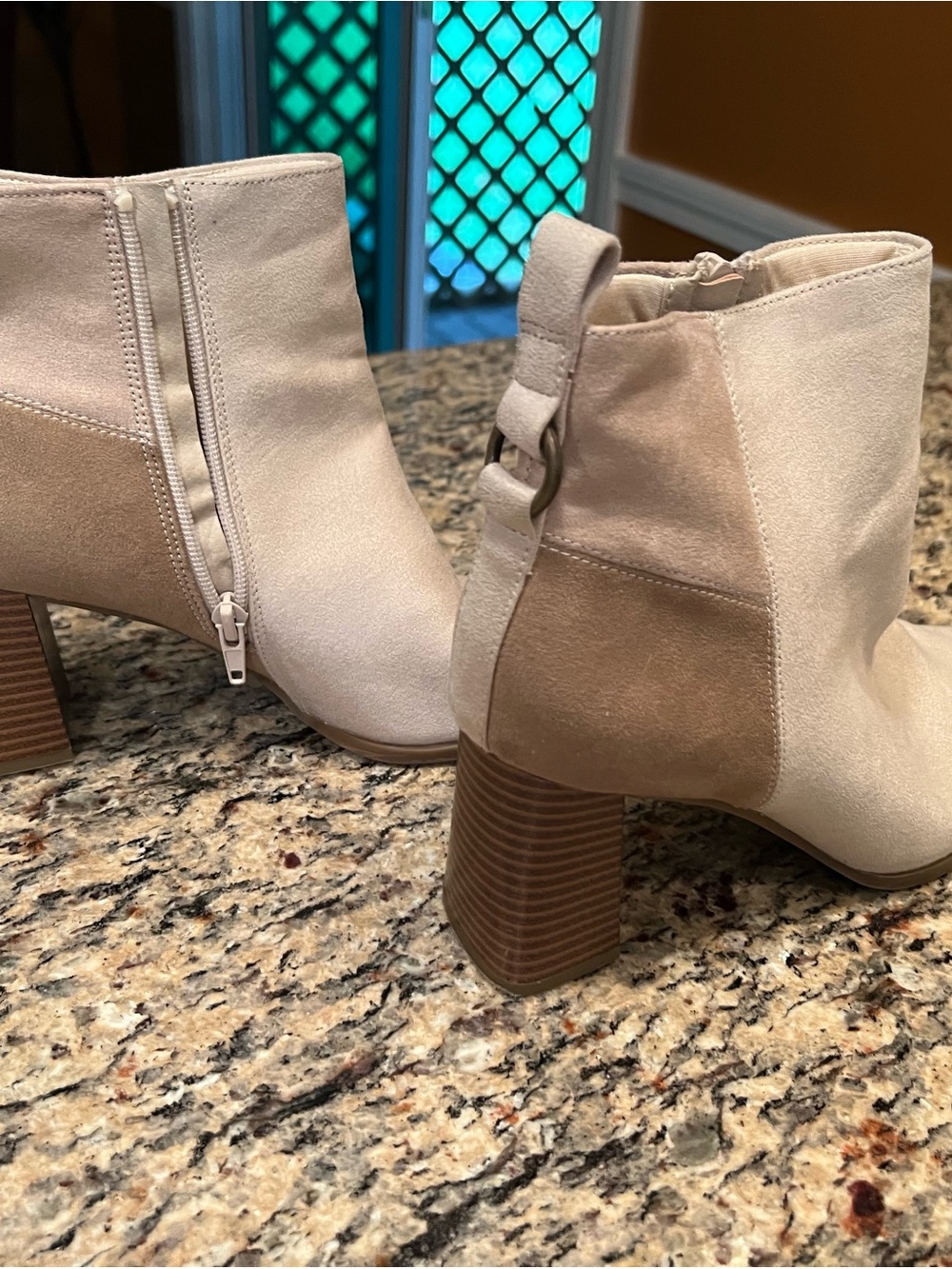 Life Stride Two-Tone Beige Suede Block Heel Ankle Boots